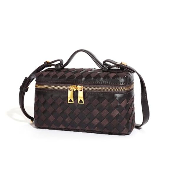 Small Square Box Crossbody Bag with Top Handle, Vegan Leather & Suede - Picture 7 of 8